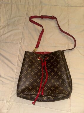 Brown Monogram & Red Leather Drawstring Shoulder Bag